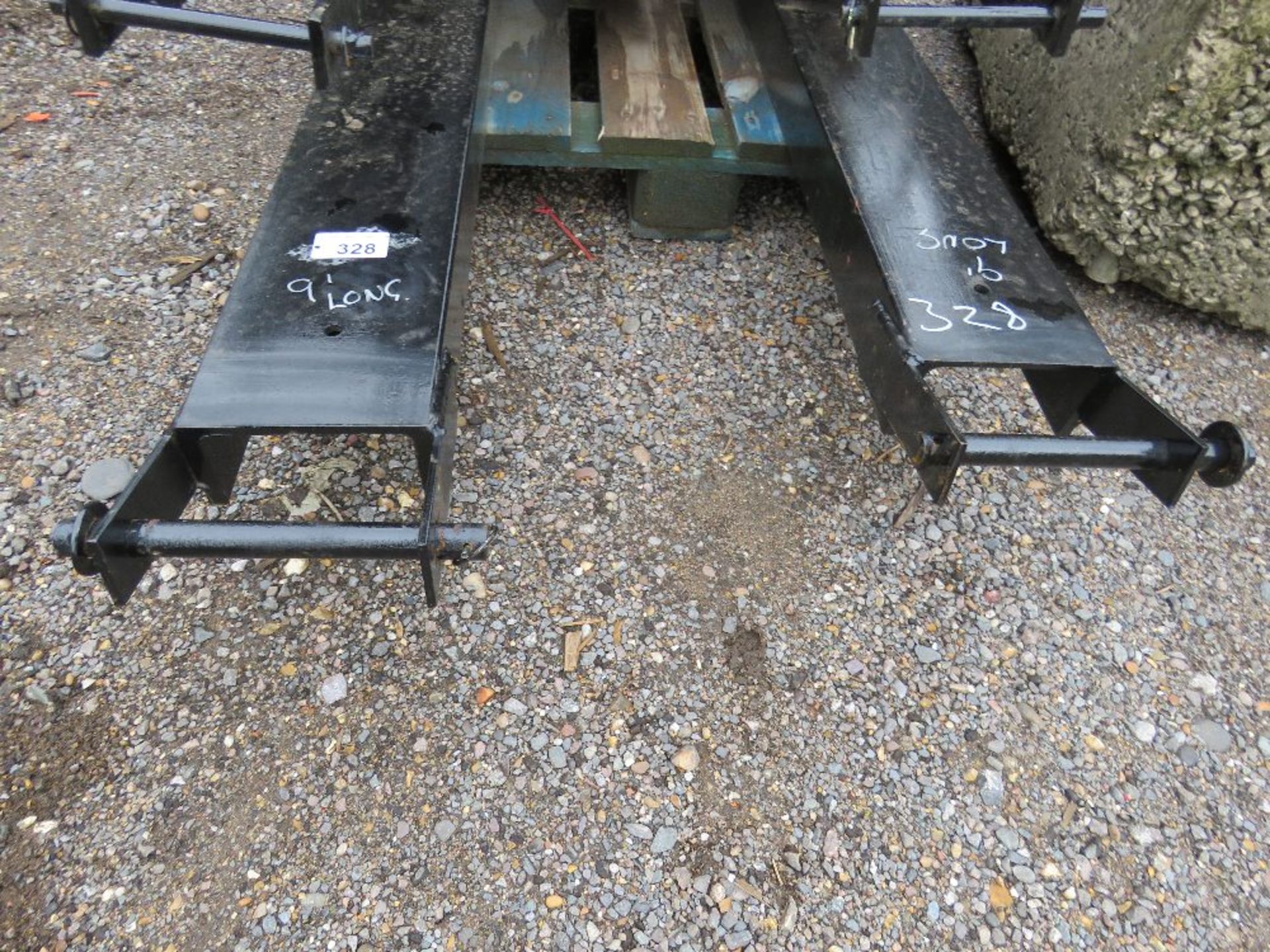 PAIR OF FORKLIFT EXTENSION TINES / SLEEVES 9FT WIDE X 7" WIDTH APPROX, WITH LOCKING PINS.