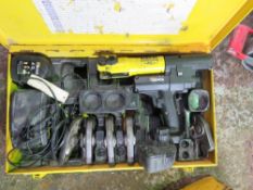 REMS BATTERY POWERED CABLE CRIMPING TOOL WITH 5 X ASSORTED HEADS. UNTESTED, CONDITION UNKNOWN.