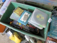 GREEN BOX CONTAINING ASSORTED FIXINGS, TOOLS, ETC. SOURCED FROM WORKSHOP CLOSURE.