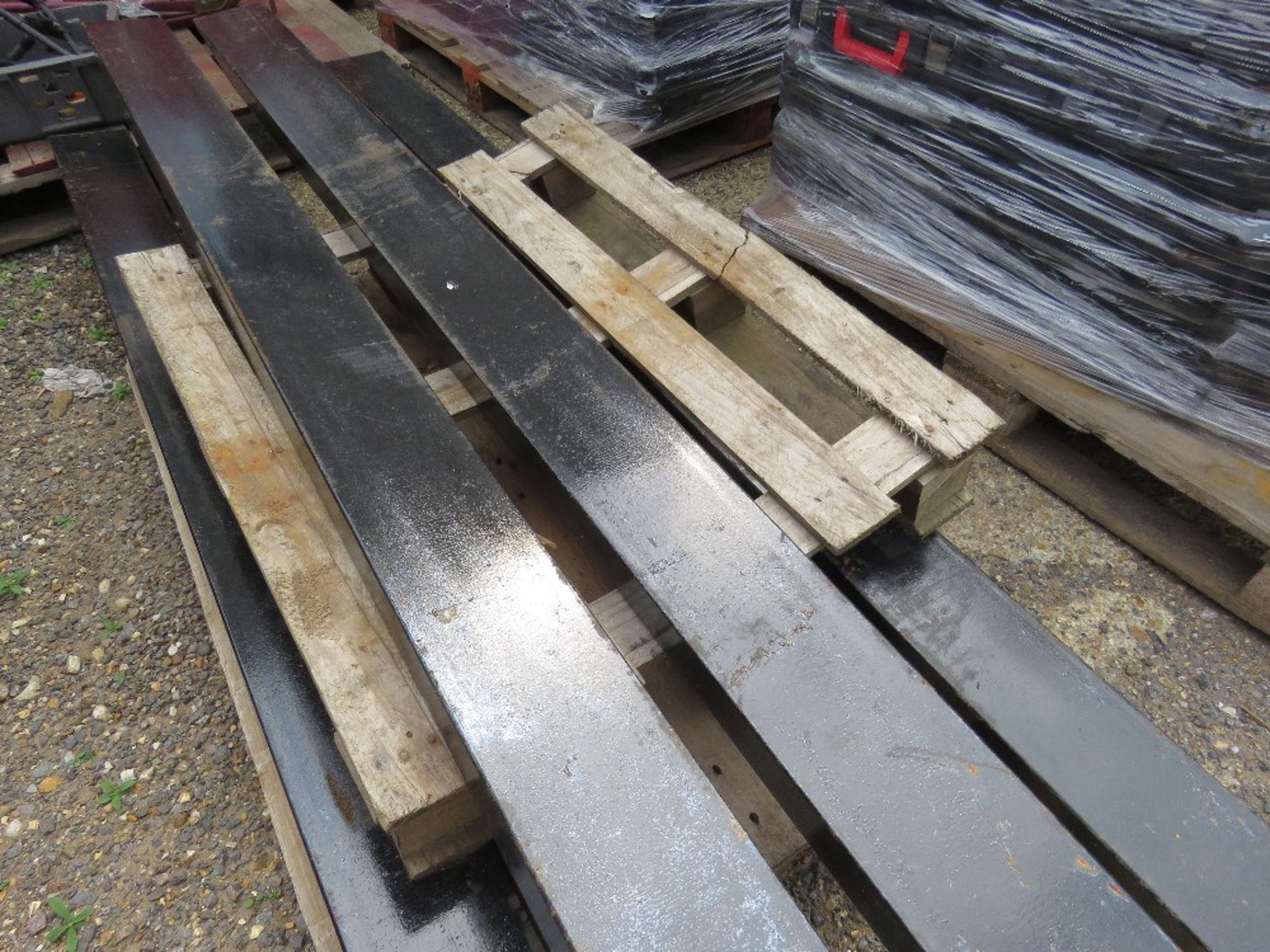 PAIR OF FORKLIFT EXTENSION TINES / SLEEVES 8FT LENGTH X 6" WIDTH APPROX, WITH LOCKING PINS.