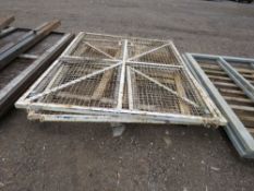 2 X METAL GATES, WHITE, MESH COVERED TO SUIT A 16FT OPENING APPROX, 6FT HEIGHT APPROX.