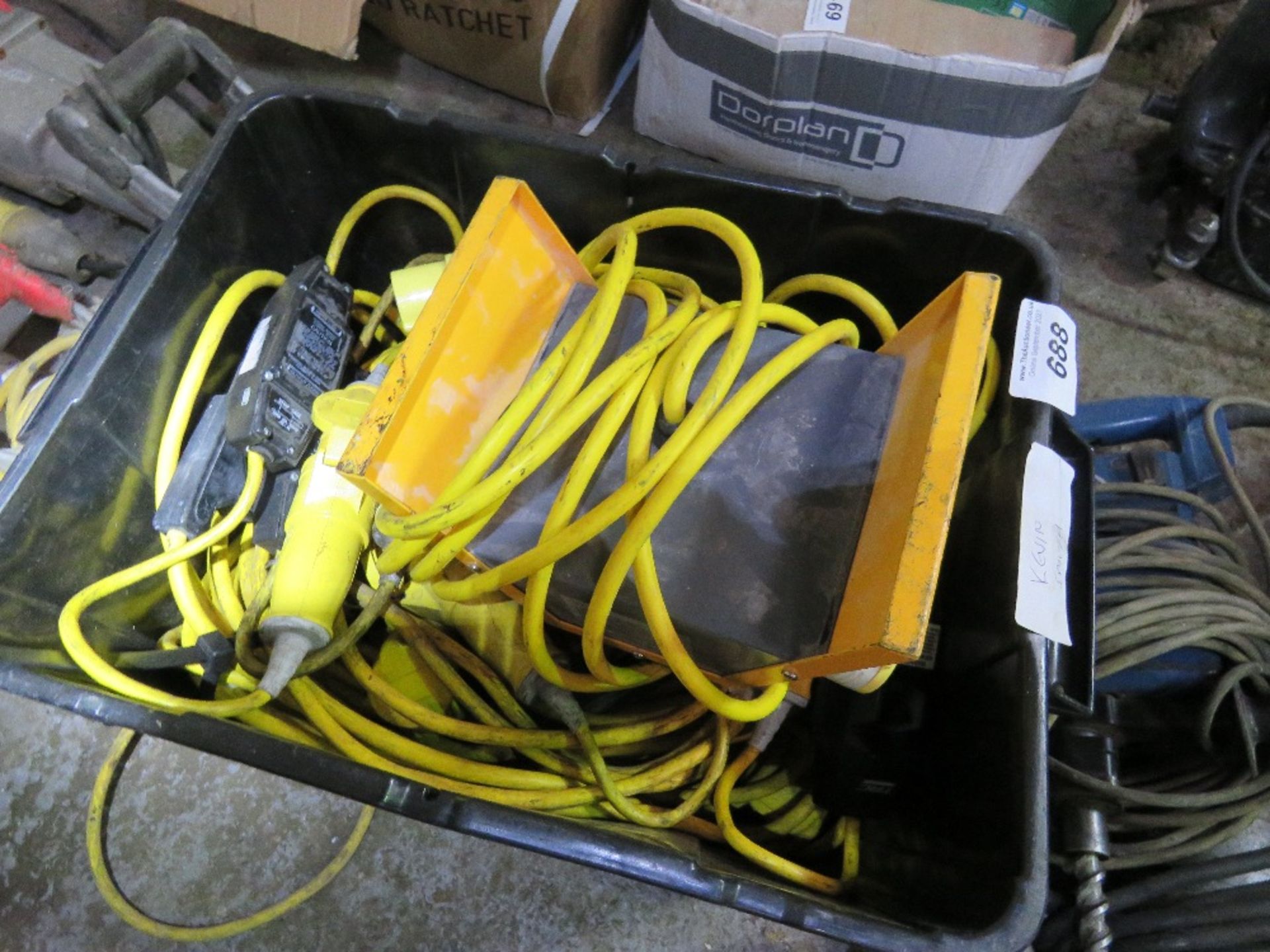 BOX OF 110VOLT LEADS, CIRCUIT BREAKERS ETC.