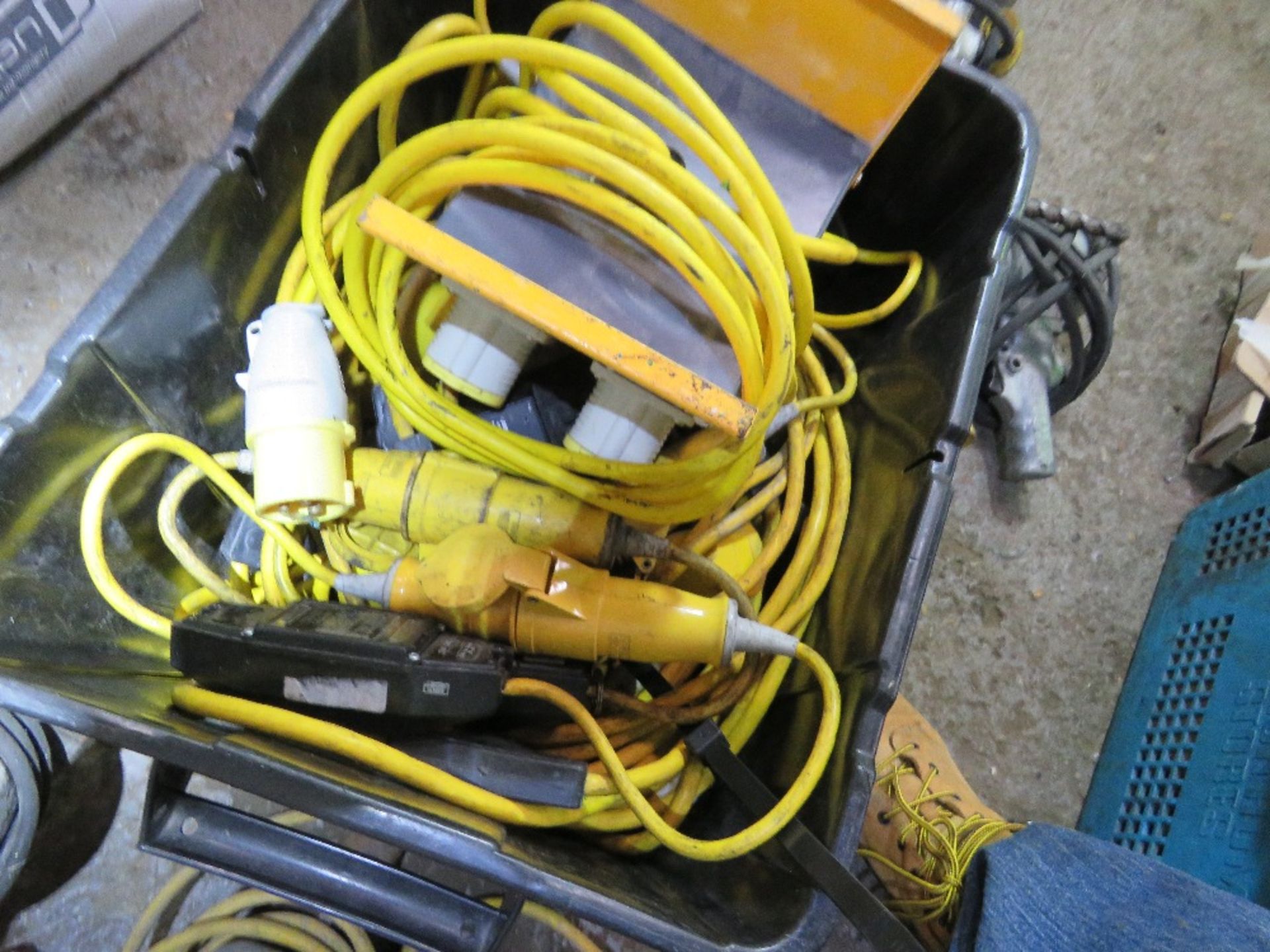 BOX OF 110VOLT LEADS, CIRCUIT BREAKERS ETC. - Image 2 of 3