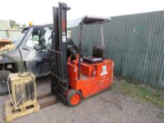 SM15B35 3 WHEELED BATTERY FORKLIFT WITH CHARGER, SOURCED FROM COMPANY LIQUIDATION. WHEN TESTED WAS S