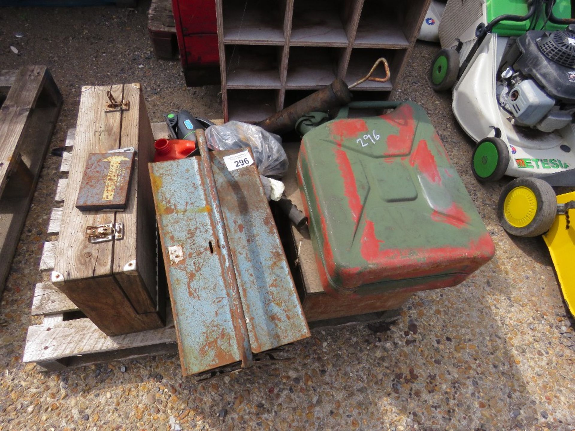 PALLET OF TOOL BOXES PLUS RACKS, GERRY FUEL CANS ETC.