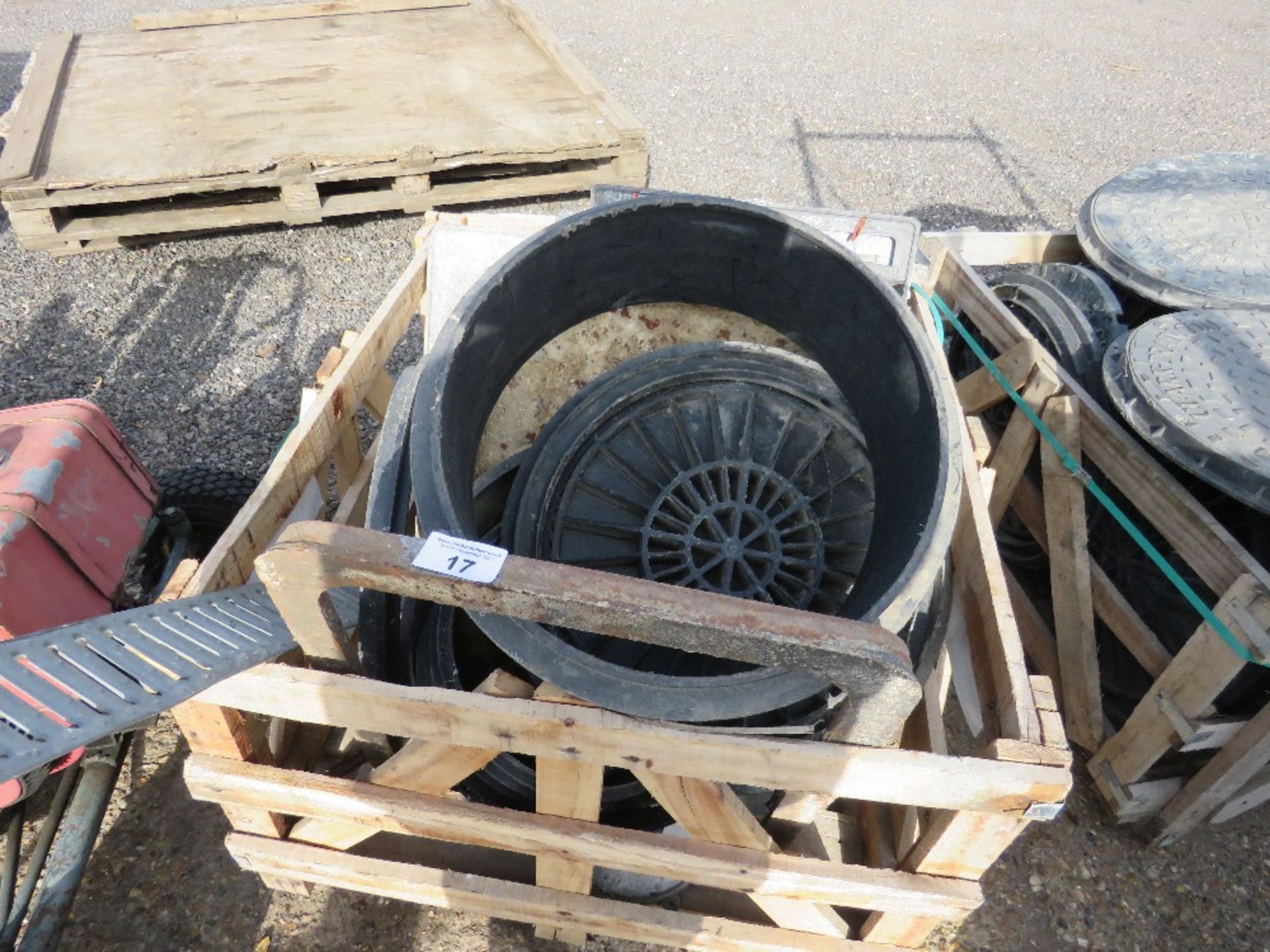 STILLAGE OF ASSORTED MANHOLE COVERS ETC.