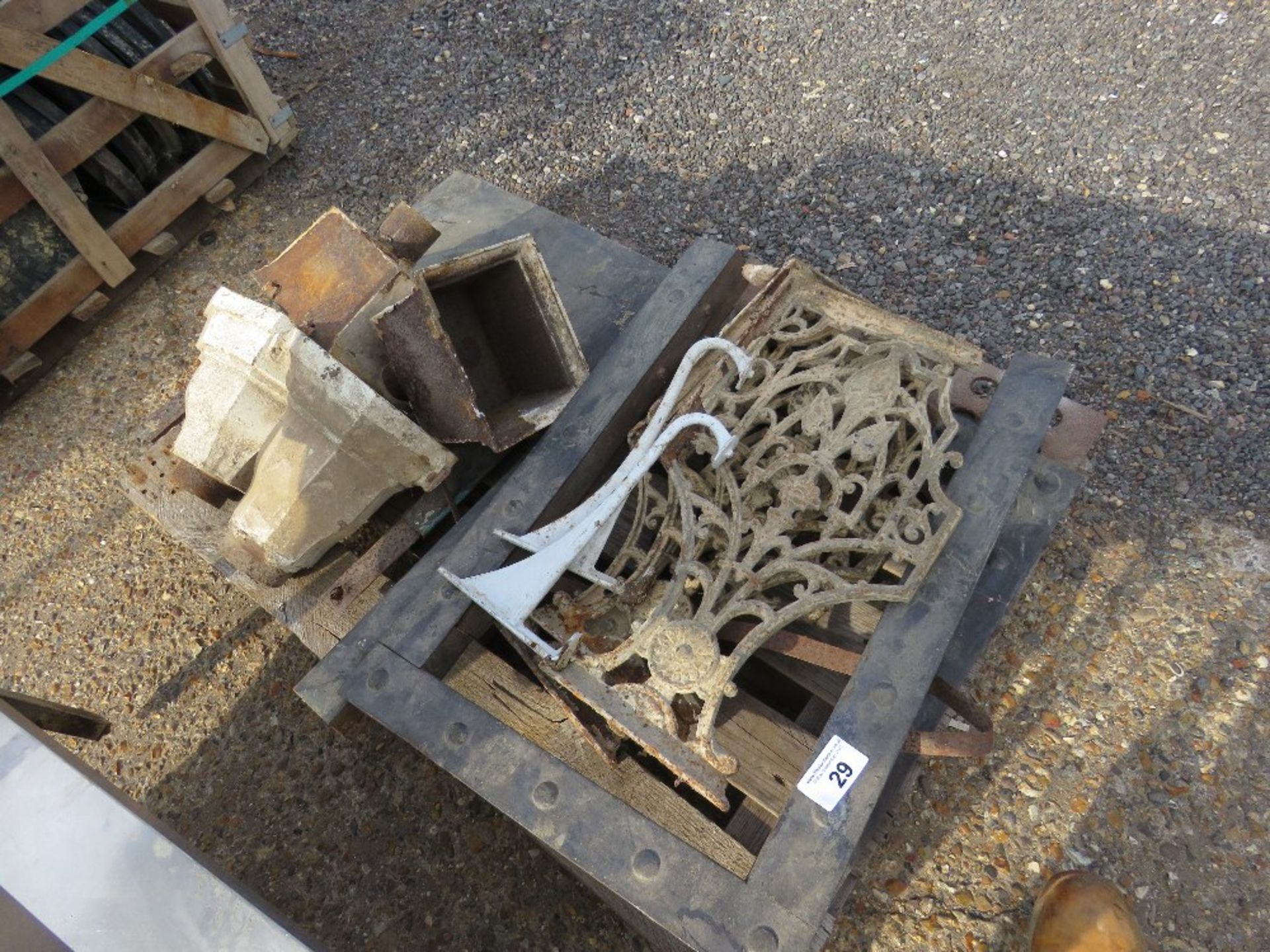 PALLET CONTAINING RAIN WATER HOPPERS, CAST BRACKETS AND SUNDRY ITEMS.