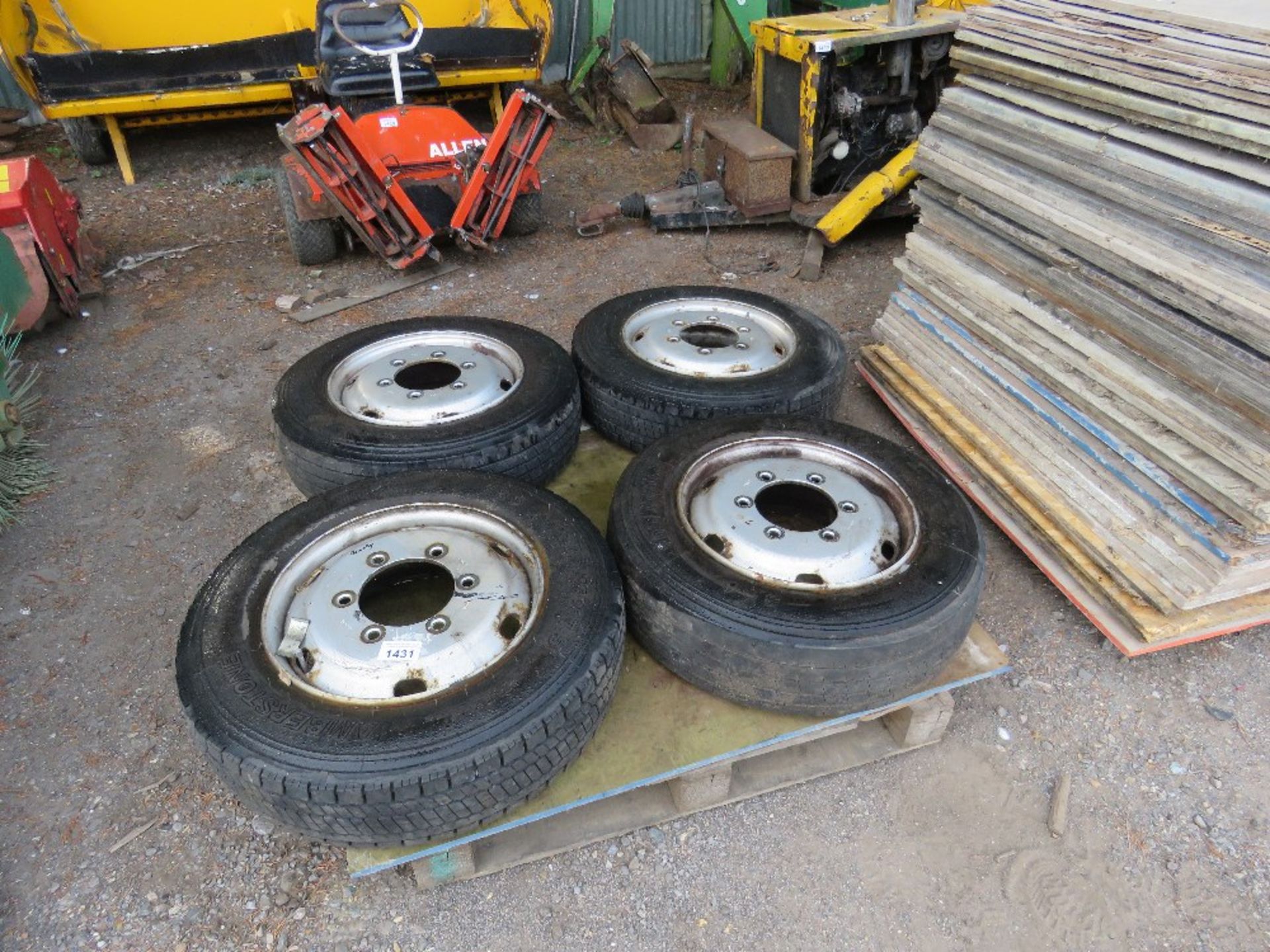 4 X 6 STUD WHEELS AND TYRES, 205/75R17.5 SIZE TYRES. NO VAT ON HAMMER PRICE.