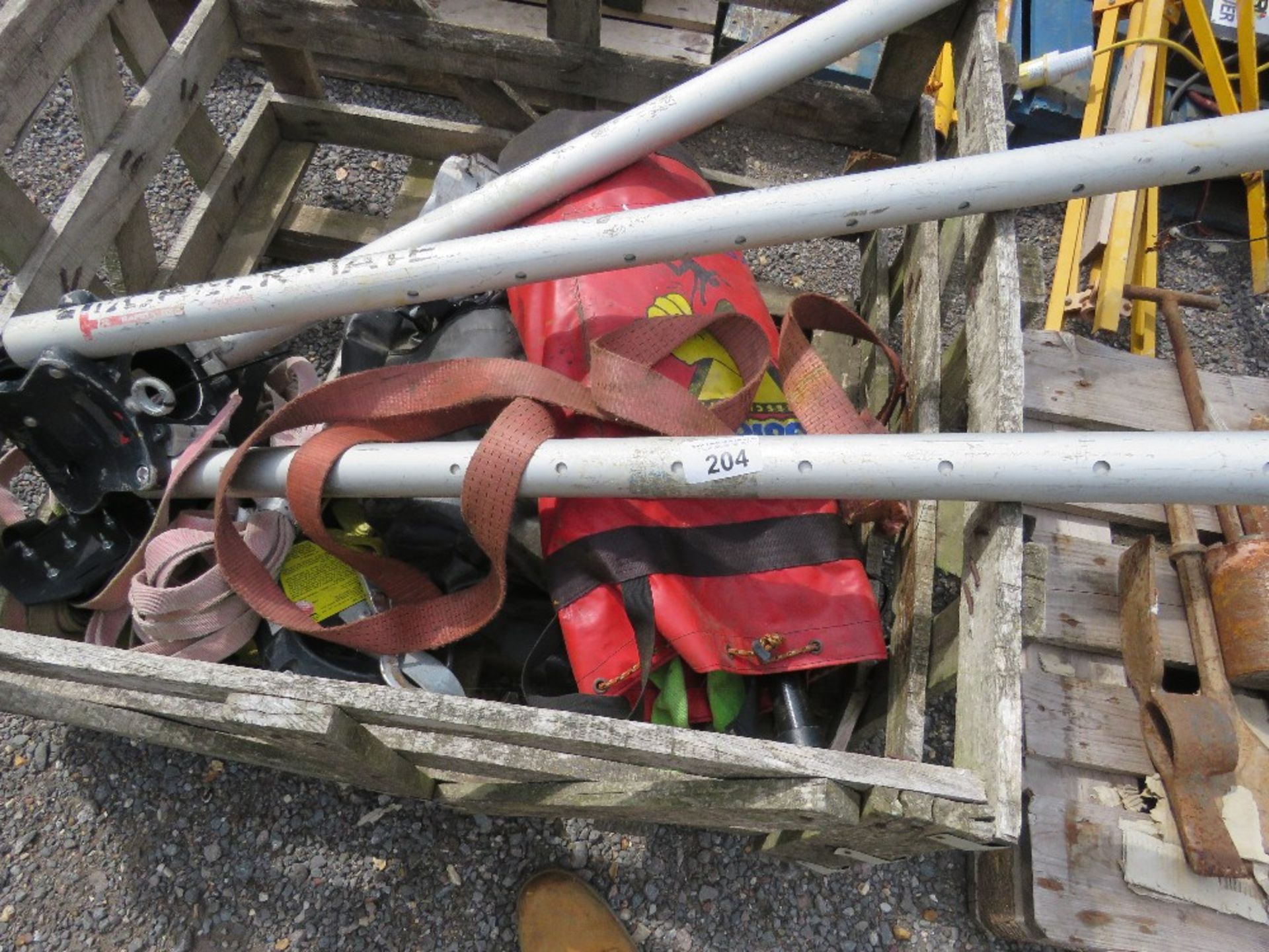 STILLAGE OF MANHOLE ACCESS SAFETY EQUIPMENT: FRAME AND HARNESS ETC, UNTESTED.