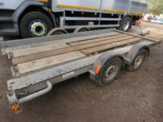 BRIAN JAMES TWIN AXLED CAR TRANSPORT TRAILER WITH RAMPS AS SHOWN, 14FT BED APPROX. SN:SJBTAAGPP6W101