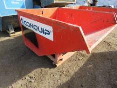 RED CONQUIP TELEHANDLER MOUNTED TIPPING SKIP WITH AUTO LOCK SYSTEM.