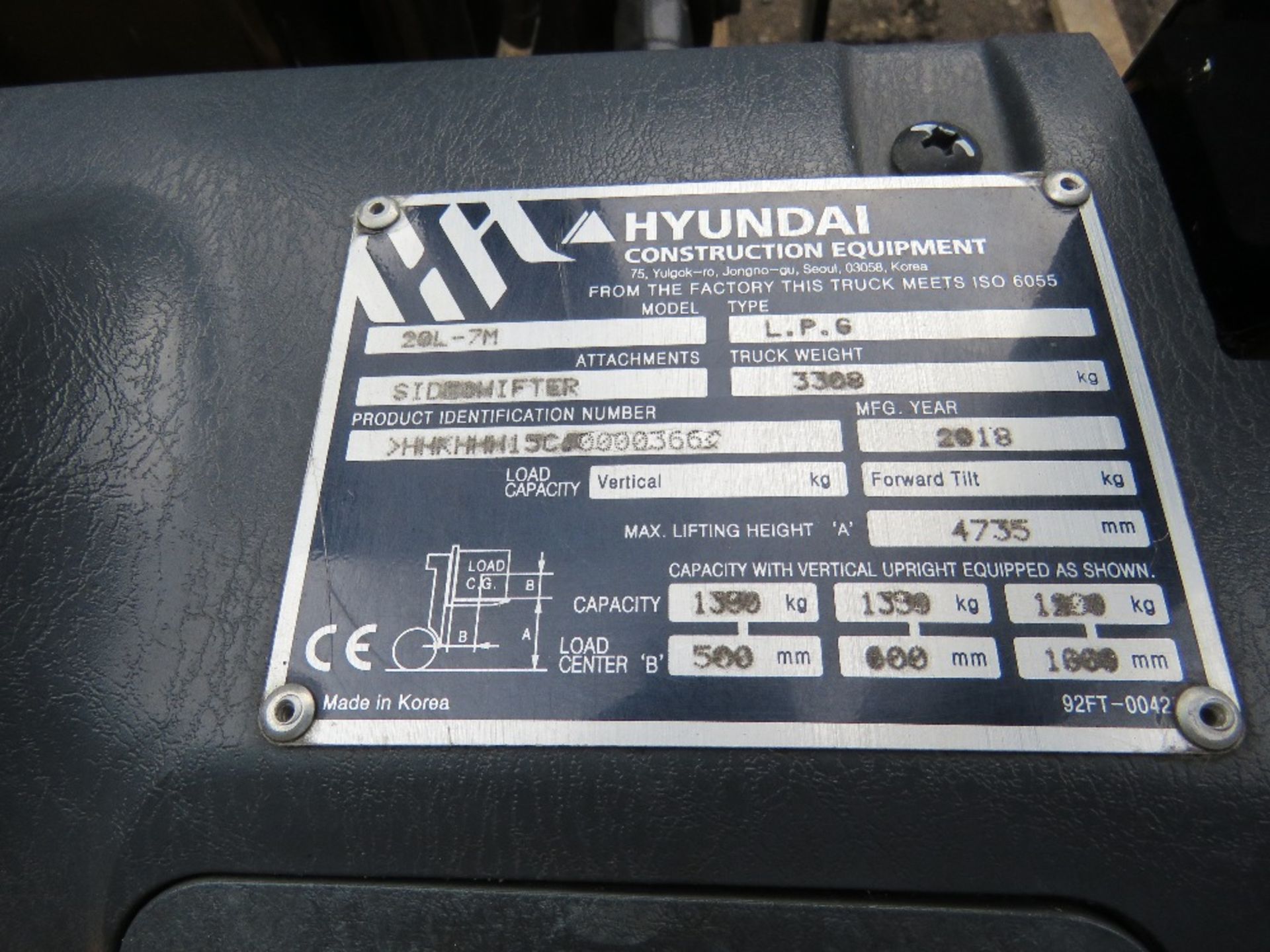 HYUNDAI 20L-7M GAS POWERED FORKLIFT TRUCK, YEAR 2018. 1600 REC HOURS APPROX. EXTRA SERVICE. - Image 9 of 11
