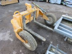 ROUGH TERRAIN PALLET TRUCK. WHEN TESTED WAS SEEN TO LIFT AND LOWER, HANDLE NEEDS REPAIR AS SHOWN.