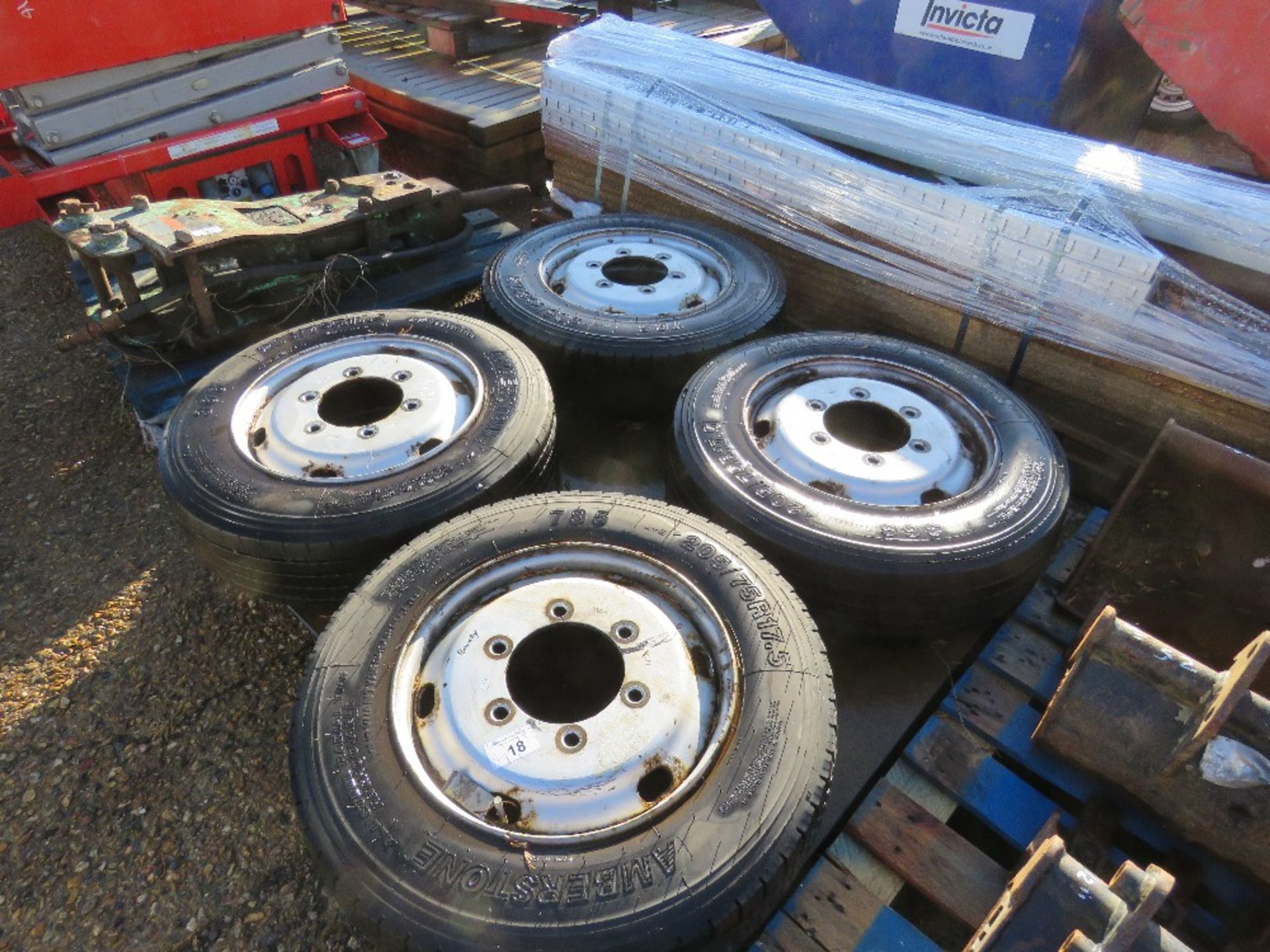 4 X 6 STUD WHEELS AND TYRES, 205/75R17.5 SIZE TYRES. NO VAT ON HAMMER PRICE.