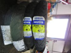 4 X MOTORBIKE TYRES, 2 X DUNLOP 90/90-14 AND 2 X MICHELIN 80/80-14. SOURCED FROM COMPANY LIQUIDATION