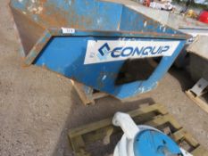 BLUE CONQUIP TELEHANDLER MOUNTED TIPPING SKIP WITH AUTO LOCK SYSTEM.
