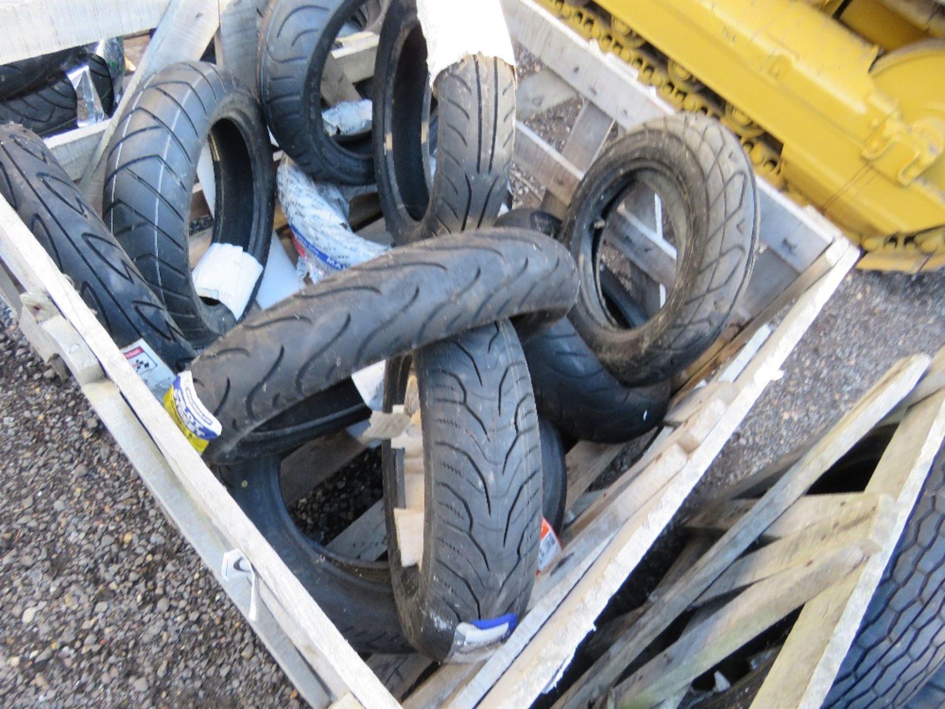 STILLAGE CONTAINING 12 X ASSORTED SCOOTER TYRES, SOURCED FROM COMPANY LIQUIDATION. THIS LOT IS SOL