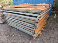 STACK OF CIRCA 28NO SOLID TEMPORARY FENCE PANELS WITH A GATE AND SOME SUPPORT PARTS. 7FT WIDE X 6FT