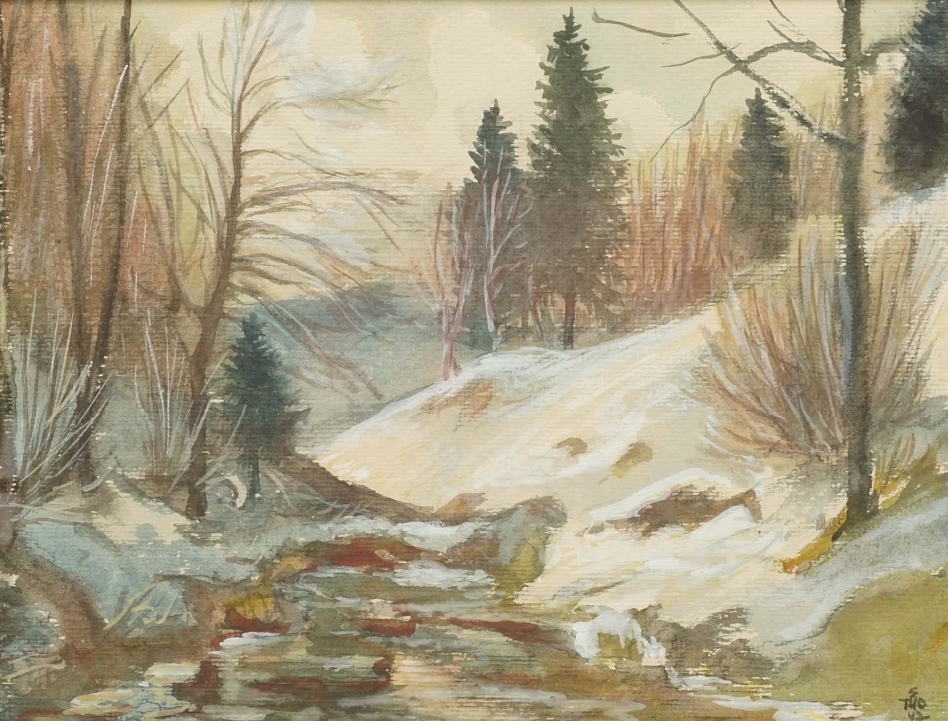 Monogrammist S Tho, Winterlandschaft mit Bachlauf