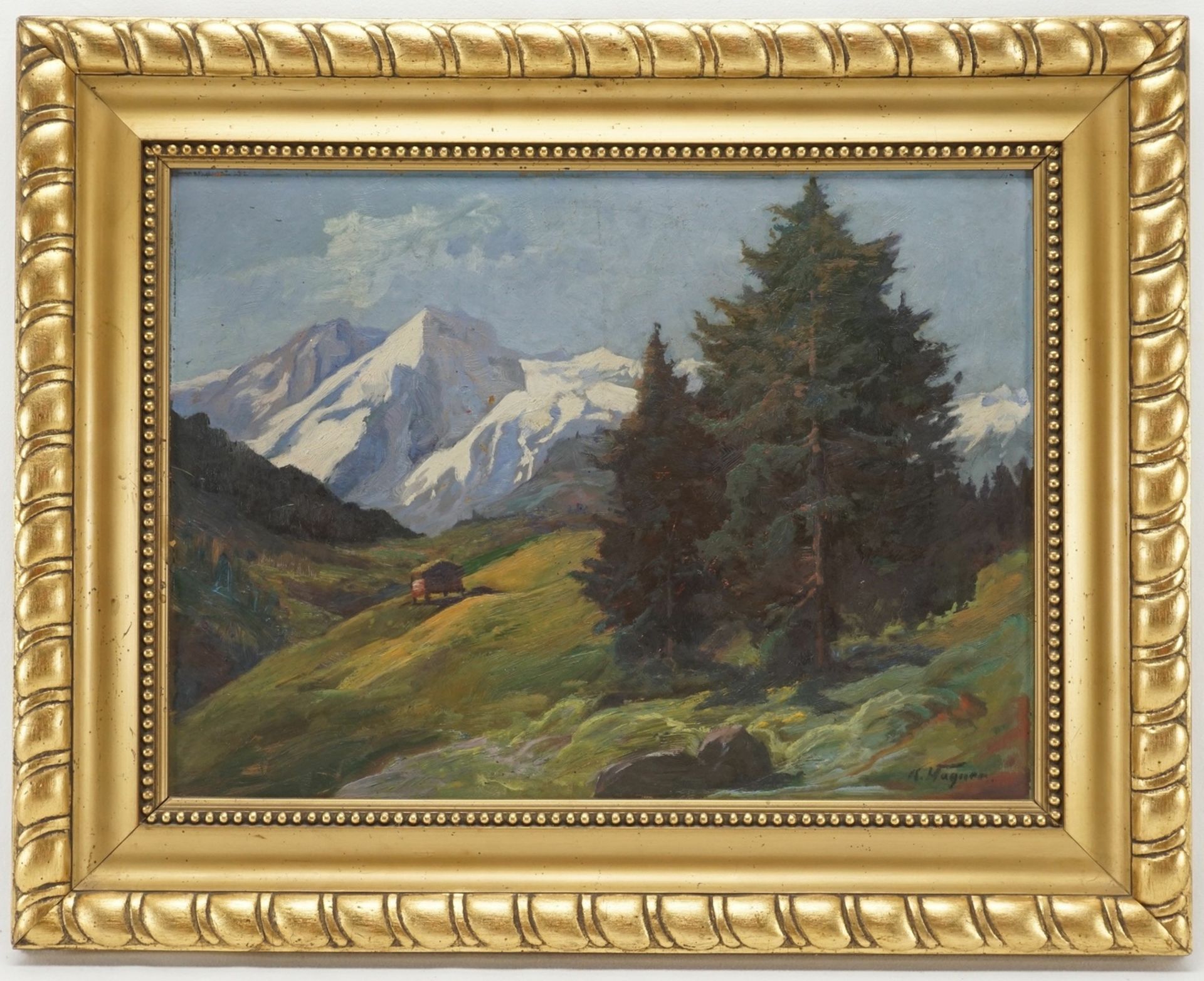 K. Wagner, Alpenlandschaft mit Berghütte