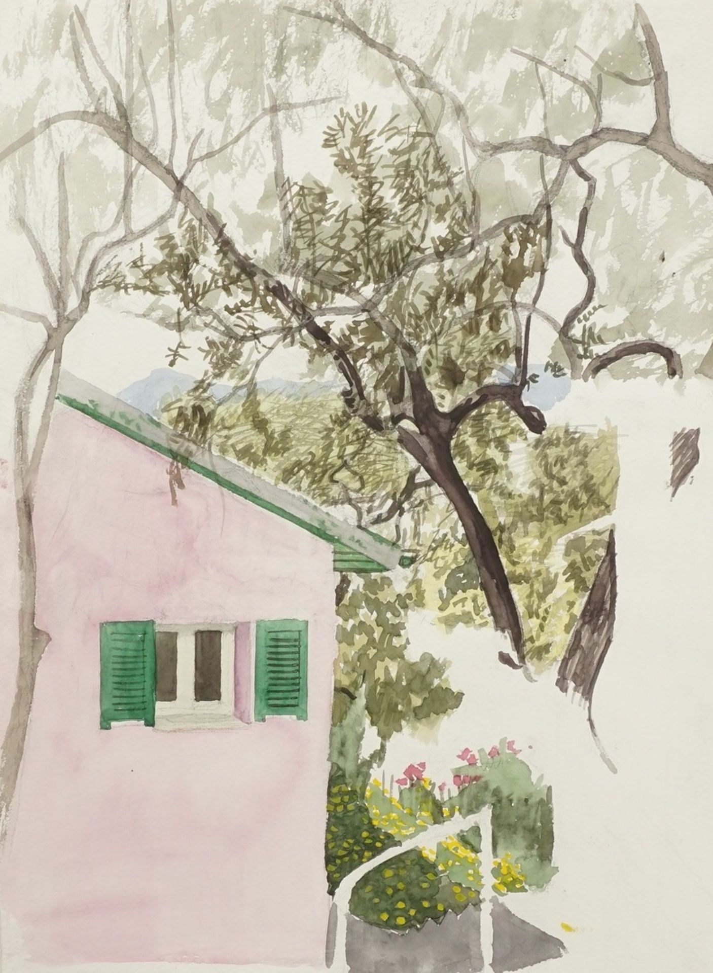 Franz Werneke, Gartenblick mit rosa Haus