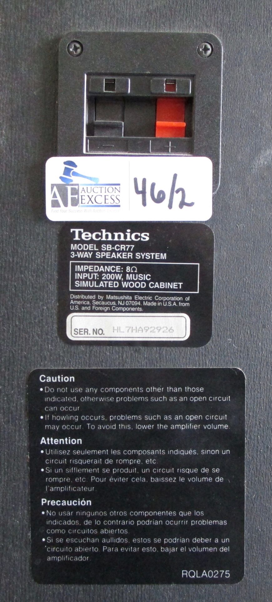 LOT OF 2 TECHNICS SPEAKERS SB-CR77(28X10X15) - Image 3 of 3