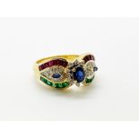 18ct gold ruby, emerald and diamond ring