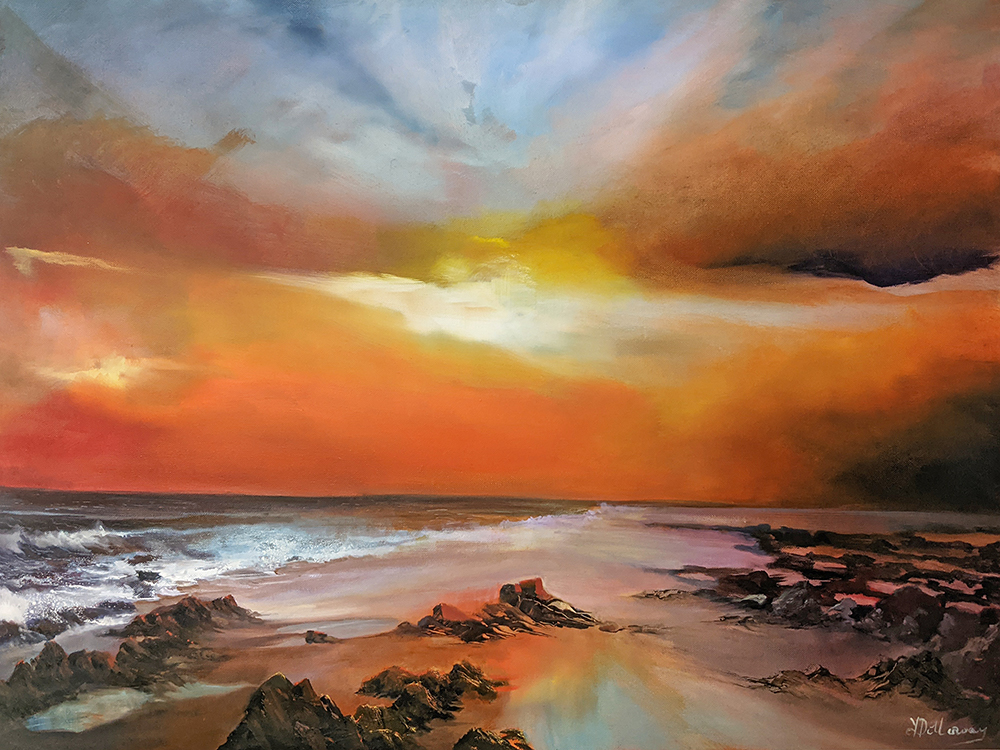 A most atmospheric painting capturing the stunning sunsets of Bude, Cornwall.  84Cm x 60cm box