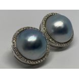 9ct white gold blue mabe pearl and diamond stud earrings