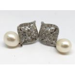 14ct white gold diamond and pearl drop earrings