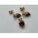 9ct gold ruby and diamond earring and pendant set