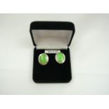 Silver green stone oval earrings