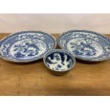 Three piece of blue and white oriental china, two plates and a tea bowl.W:25.5cm x D:25.5cm x H:cm