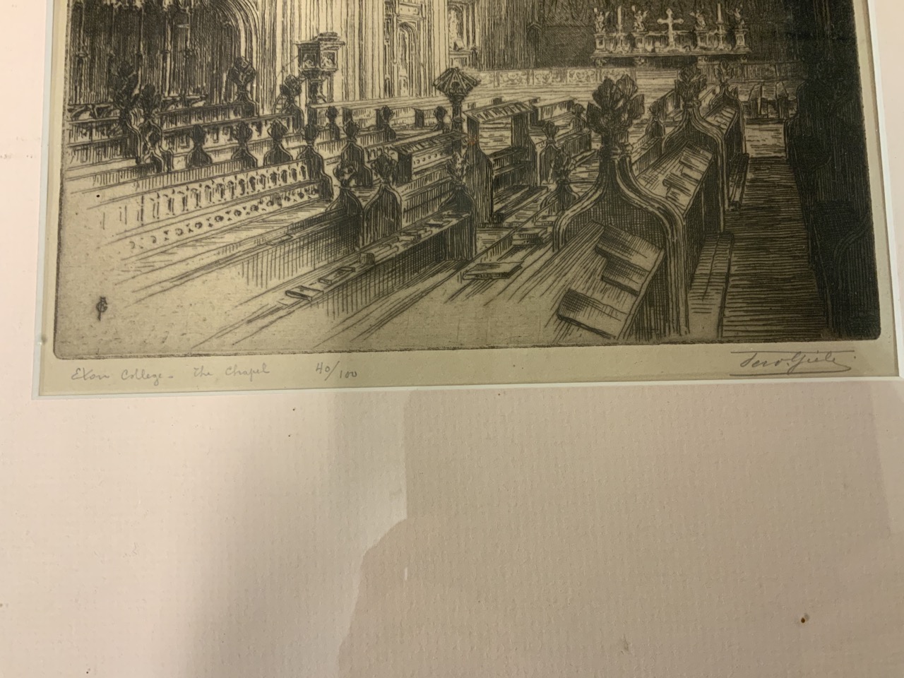 An aquatint print of Eton College, The chapel. Numbered 40/100 with indistinct pencil signature - Image 2 of 2