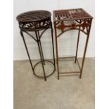 Two metal plant stands. Of circular and square form.W:30cm x D:30cm x H:75cm