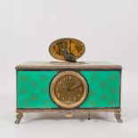 An early 20th century silver and enamel singing bird automaton and clock retailed by Mersmann.