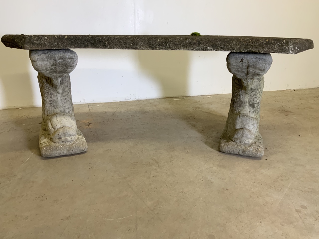 Concrete pedestal garden bench with dolphin supports.W:120cm x D:37cm x H:42cm - Image 2 of 7