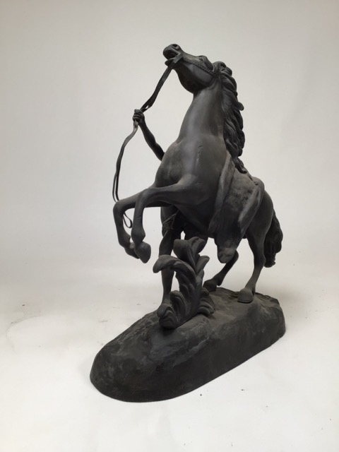 After Guillaume Costeau - Pair of bronze Marley horses with horsemen, each in rearing pose on oval - Image 5 of 16