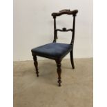 A Victorian rosewood dining chair with blue upholstered seat. W:40cm x D:40cm x H:80cm