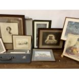 Various original artwork and prints along with a mid century plastic suitcase