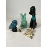 Five ceramic figurines to include a Poole Pottery owl, Sylvia ware rabbit, dog figurine and two