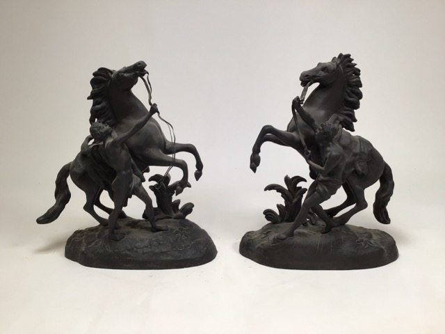 After Guillaume Costeau - Pair of bronze Marley horses with horsemen, each in rearing pose on oval - Image 3 of 16