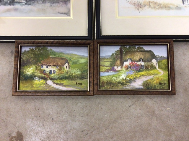 Three watercolour paintings of countryside scenes and two oil on canvas painting by B.M.Denner. - Image 4 of 4