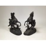 After Guillaume Costeau - Pair of bronze Marley horses with horsemen, each in rearing pose on oval