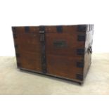 Antique English oak and iron silver chest, late Victorian. With plaque Mr John Dalziel W.S. On brass