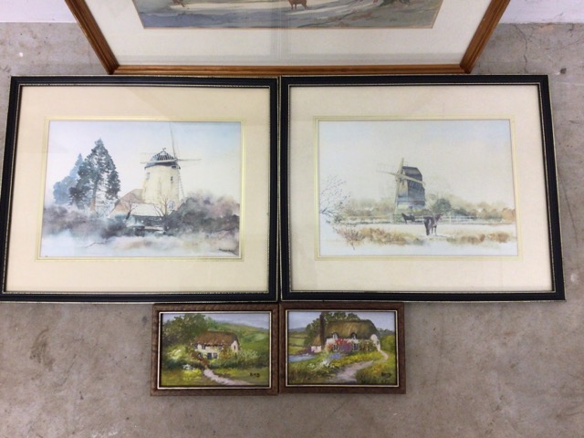 Three watercolour paintings of countryside scenes and two oil on canvas painting by B.M.Denner. - Image 3 of 4