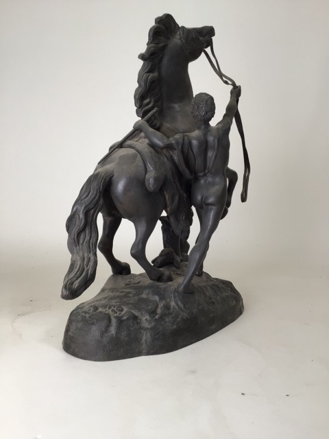 After Guillaume Costeau - Pair of bronze Marley horses with horsemen, each in rearing pose on oval - Image 6 of 16