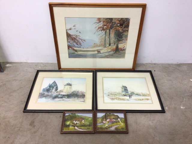 Three watercolour paintings of countryside scenes and two oil on canvas painting by B.M.Denner.