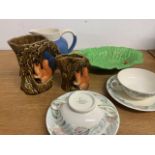 A set of six Bristol soup bowls and saucers also with two Sylvac squirrel vases