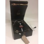Early His Masters Voice Portable Record Player, circa 1930, black case and interior, chromium plated